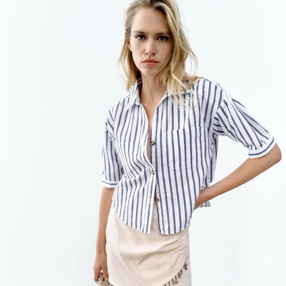 Zara Striped Button-Down Shirt in Navy and White